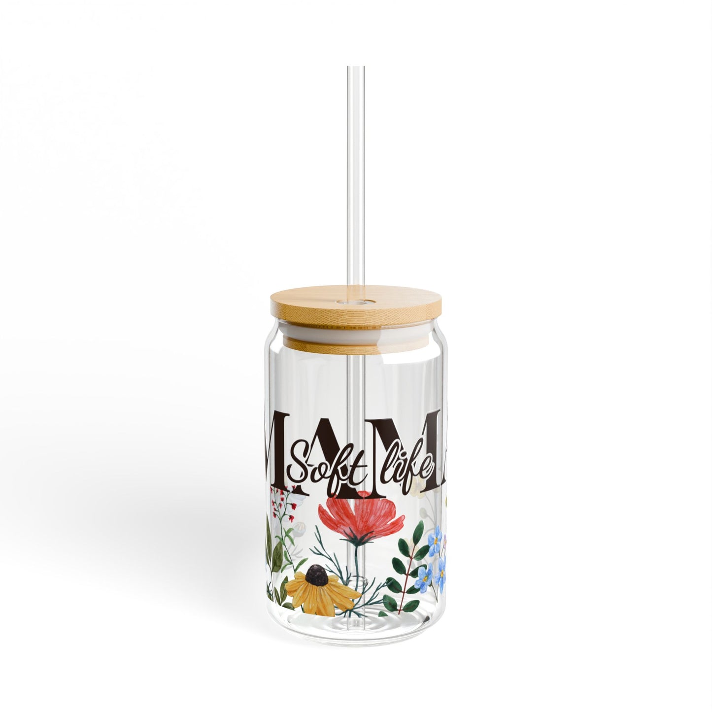 "Soft Life Mama" Wildflower Sipper Glass — 16oz Glass Tumbler - Zoia Books