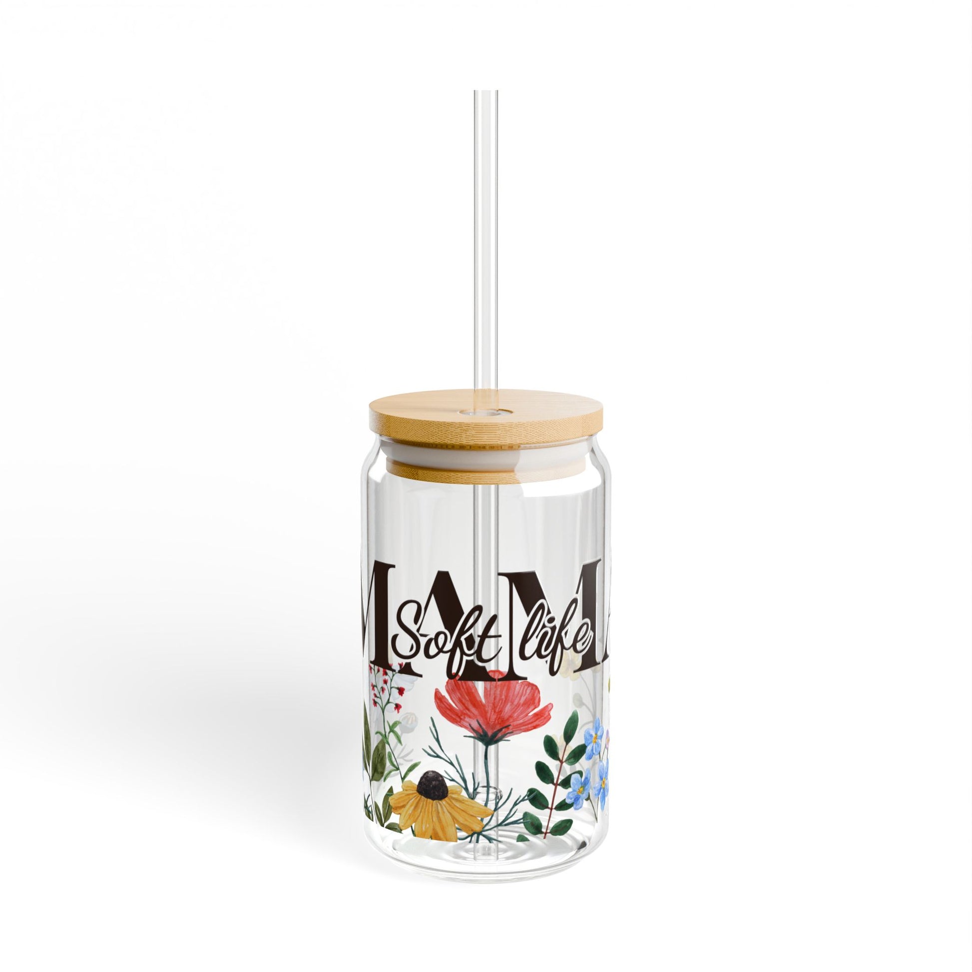 "Soft Life Mama" Wildflower Sipper Glass — 16oz Glass Tumbler - Zoia Books