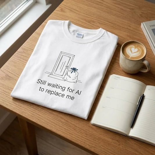 Still Waiting for AI to Replace Me T-Shirt - Trash Edition - Zoia Books