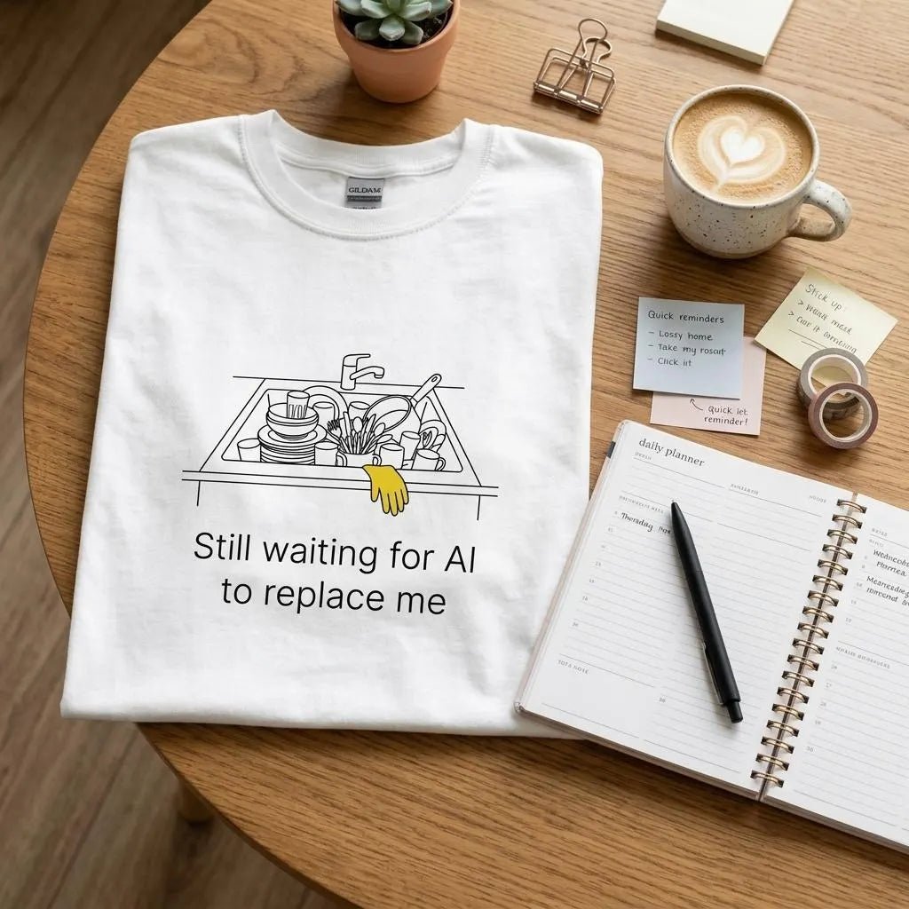 Still Waiting for AI to Replace Me T-Shirt - Dishes Edition - Zoia Books