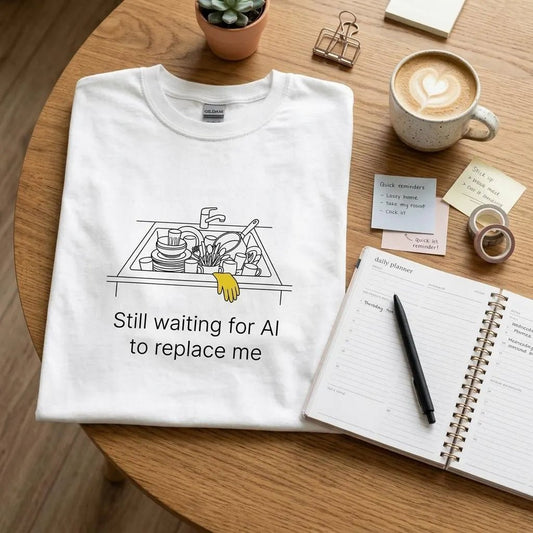 Still Waiting for AI to Replace Me T-Shirt - Dishes Edition - Zoia Books