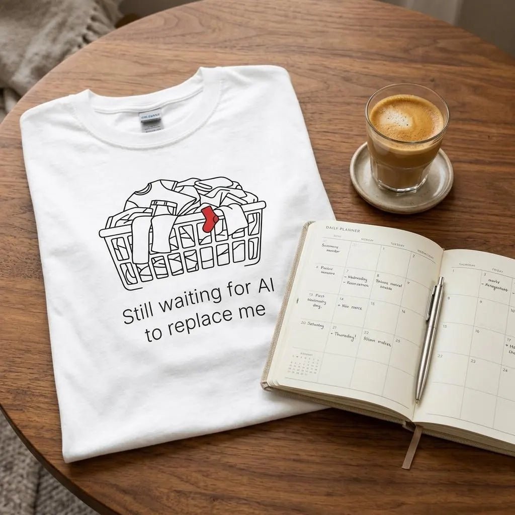 Still Waiting for AI to Replace Me T-Shirt - Laundry Edition - Zoia Books