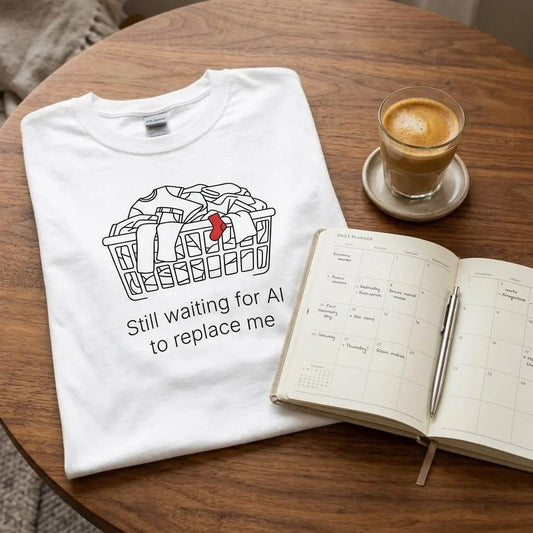 Still Waiting for AI to Replace Me T-Shirt - Laundry Edition - Zoia Books
